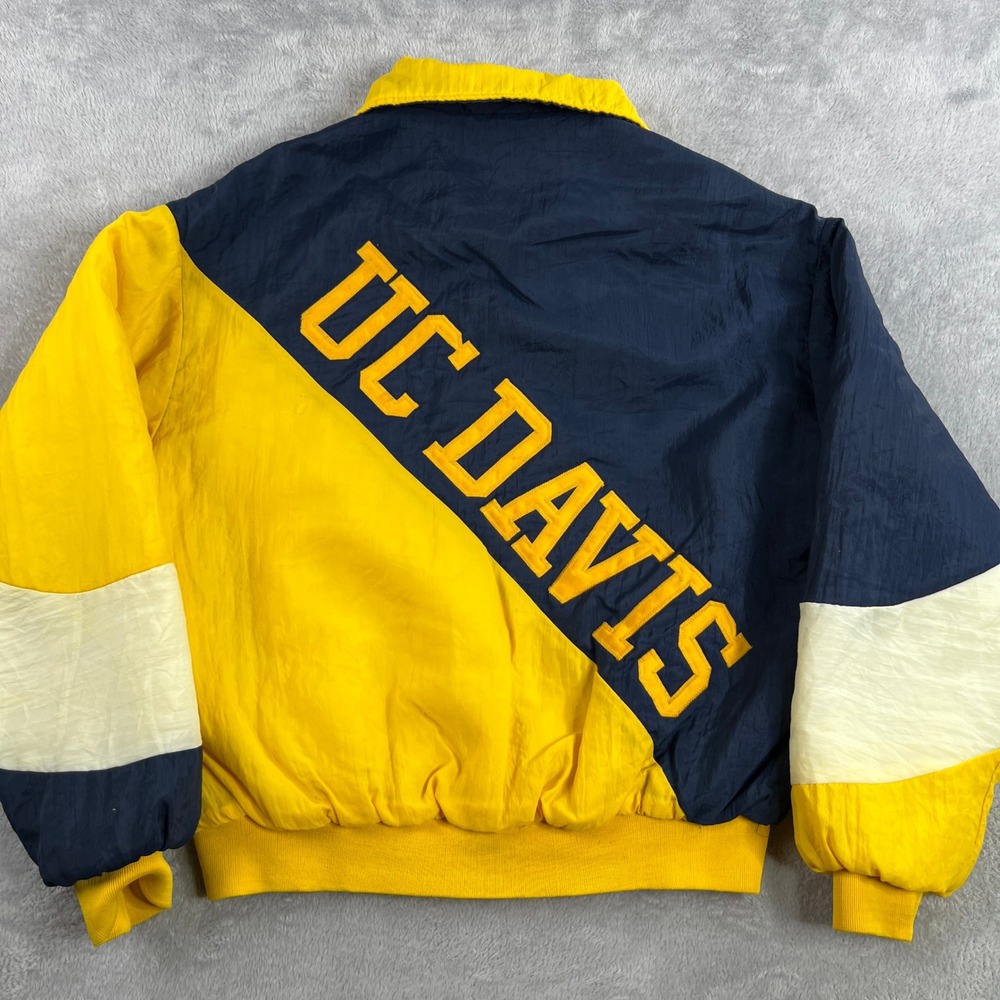 Swingster UC Davis Softball Bomber Jacket L Blue Yellow Men VTG Spell Out Back